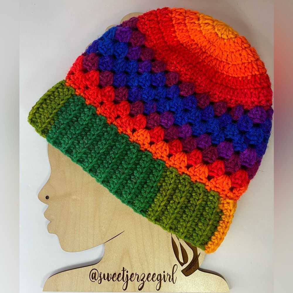 Favorite Rainbow stripe Handmade Crochet Acrylic Granny Stripe Stitch Beanie OS - Picture 8 of 10